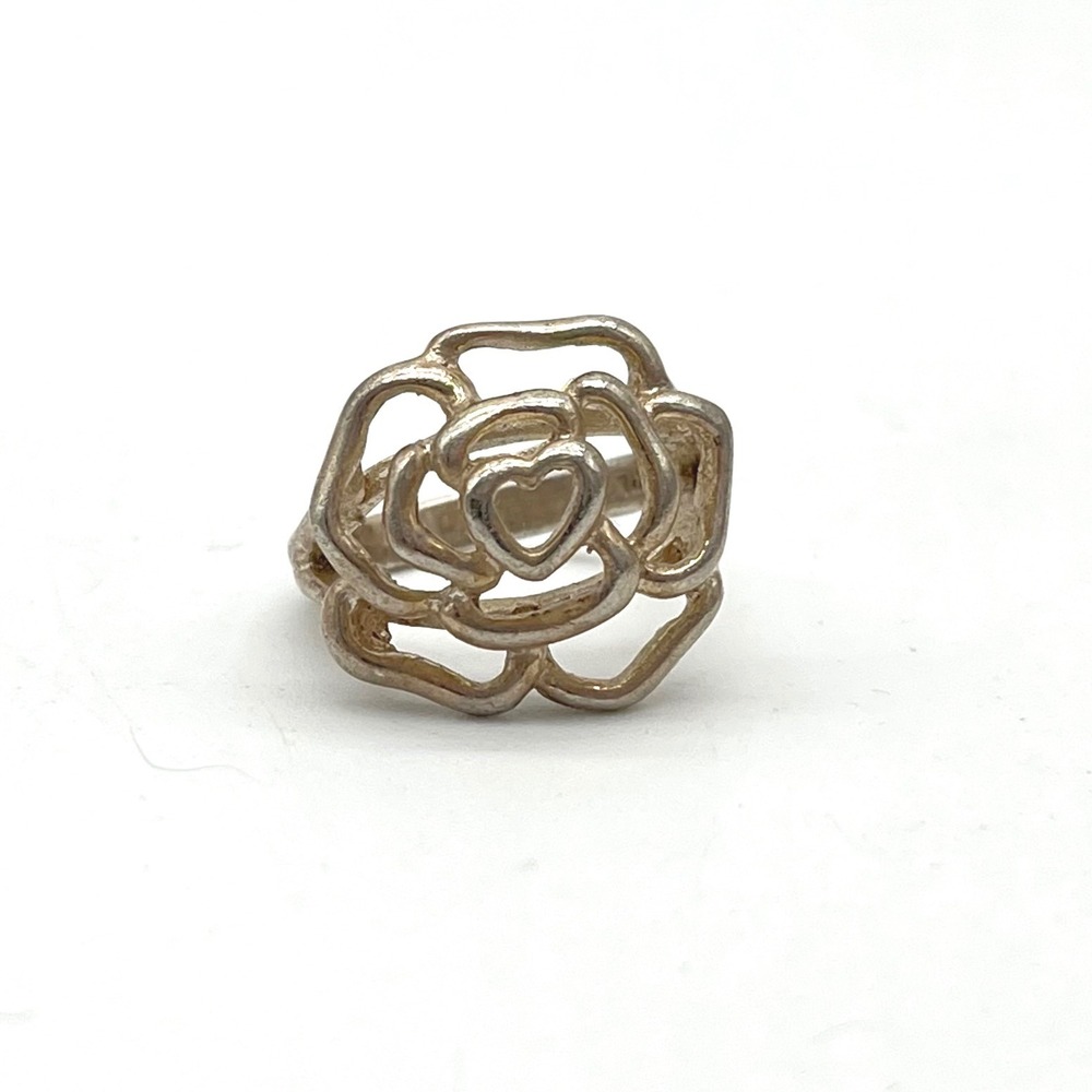 Vintage Rose Ring 925 Sterling Silver Floral‎ Openwork Statement Band